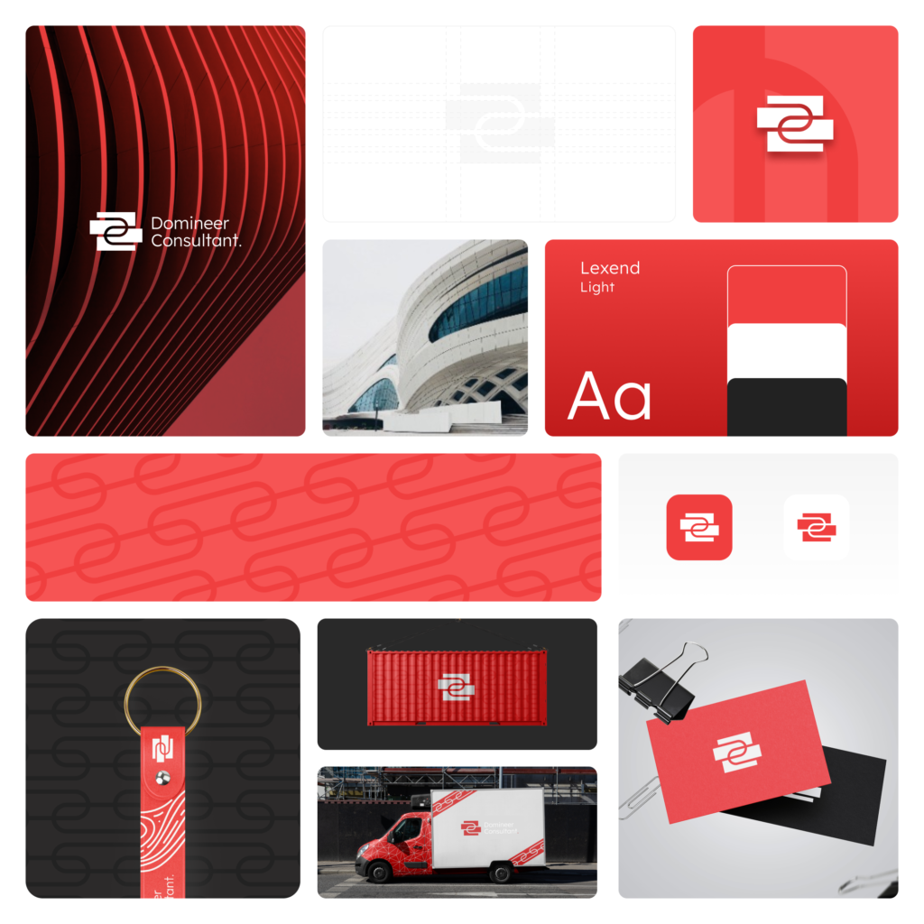 Domineer Consultant branding presentation showing logo variations, business cards, stationery, and mockups