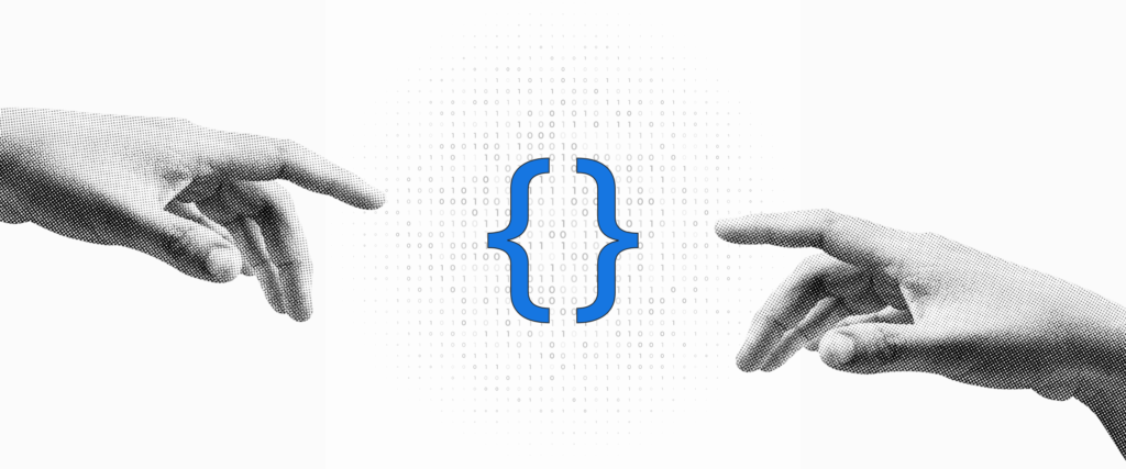 Illustration of two hands pointing toward coding brackets symbolizing web development programming languages in 2026