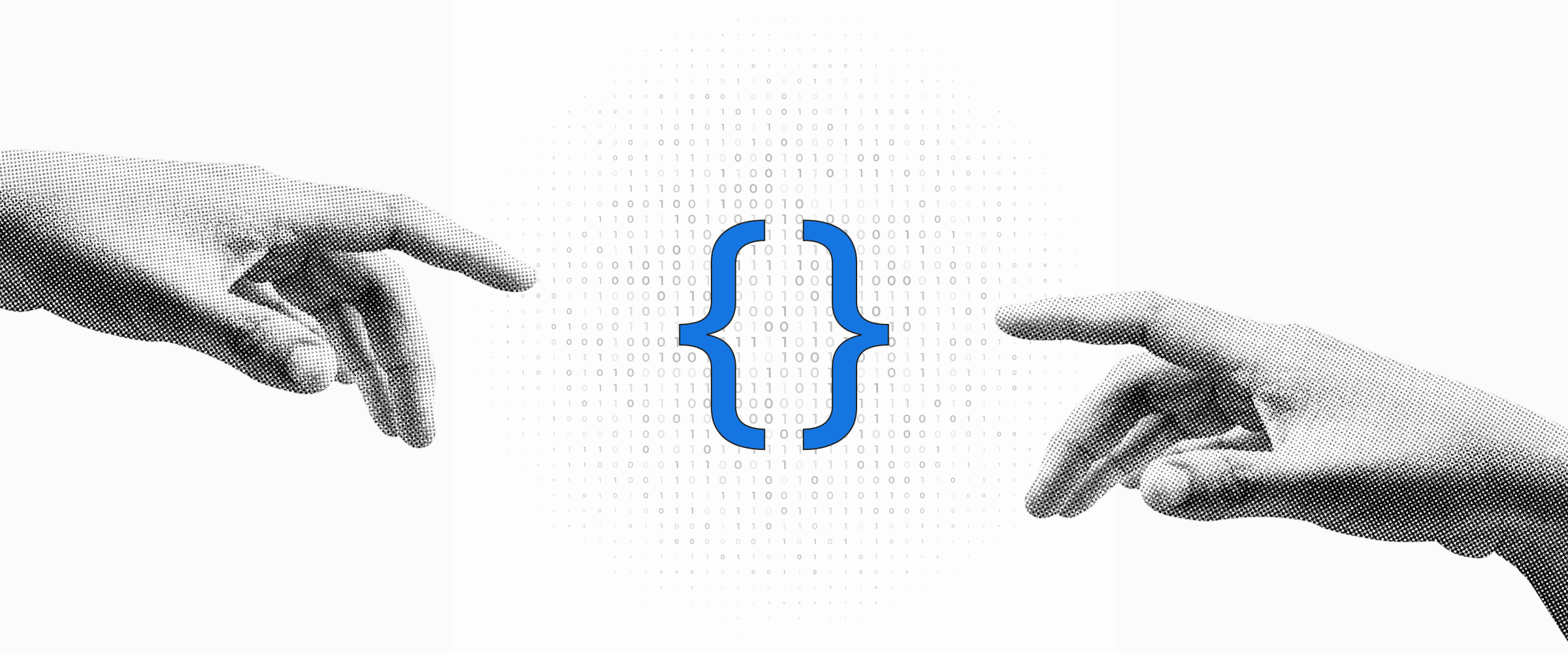 Illustration of two hands pointing toward coding brackets symbolizing web development programming languages in 2026