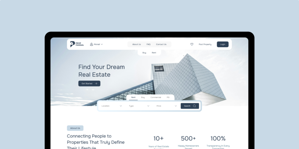 Real estate website homepage showcasing property search and featured modern building