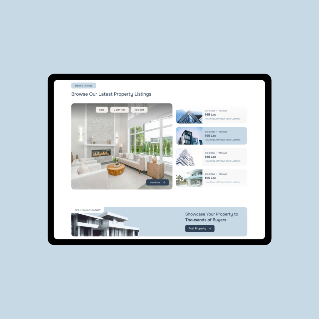 Real estate website property listings page displaying featured apartments and homes