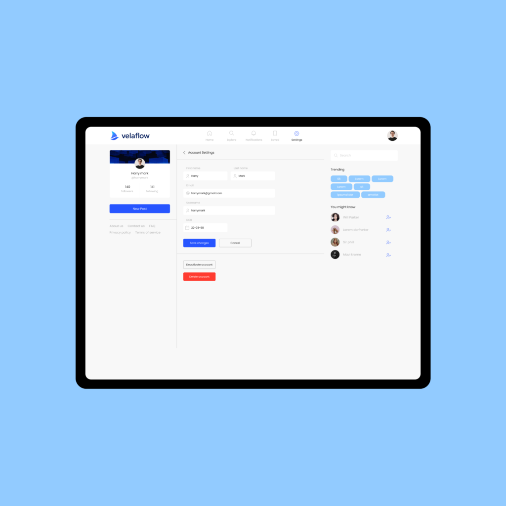 Social networking platform settings page with profile management and user activity section