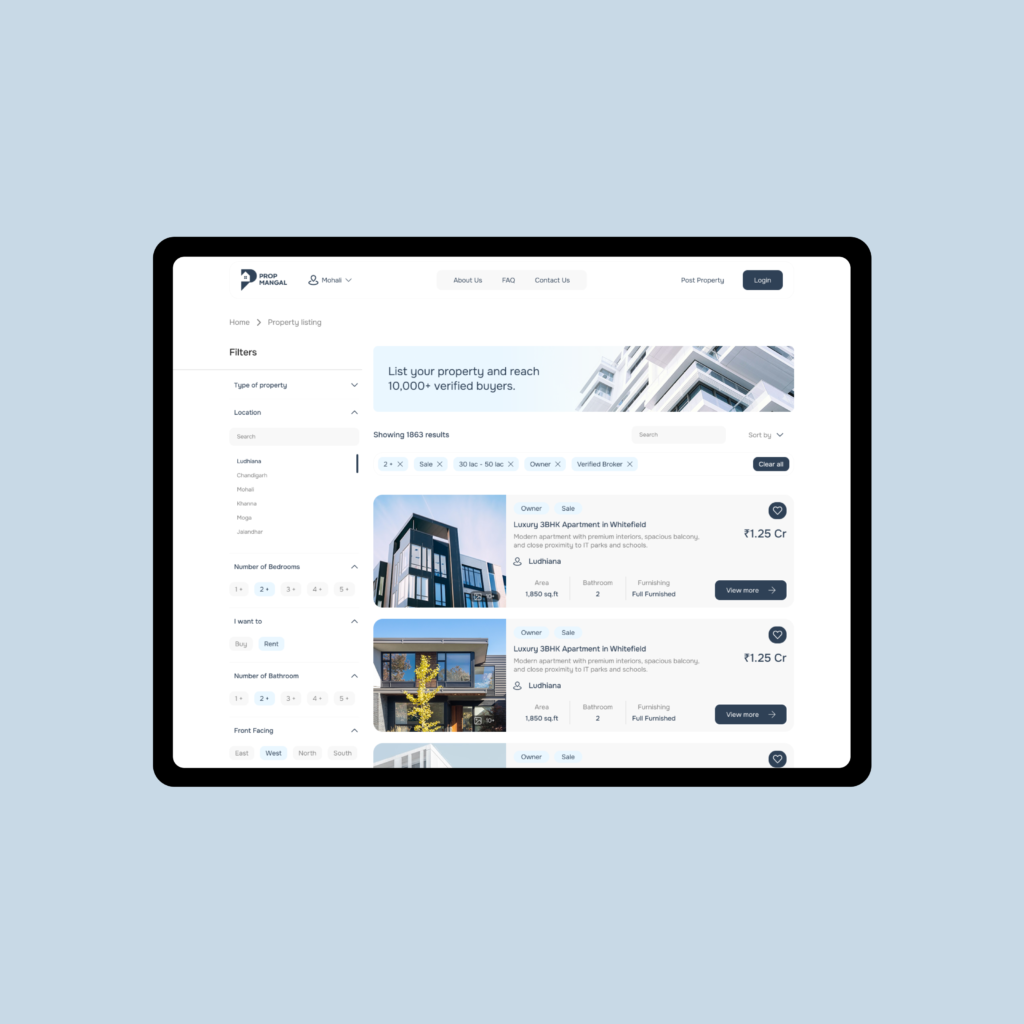 Real estate website search results page with property filters and apartment listings
