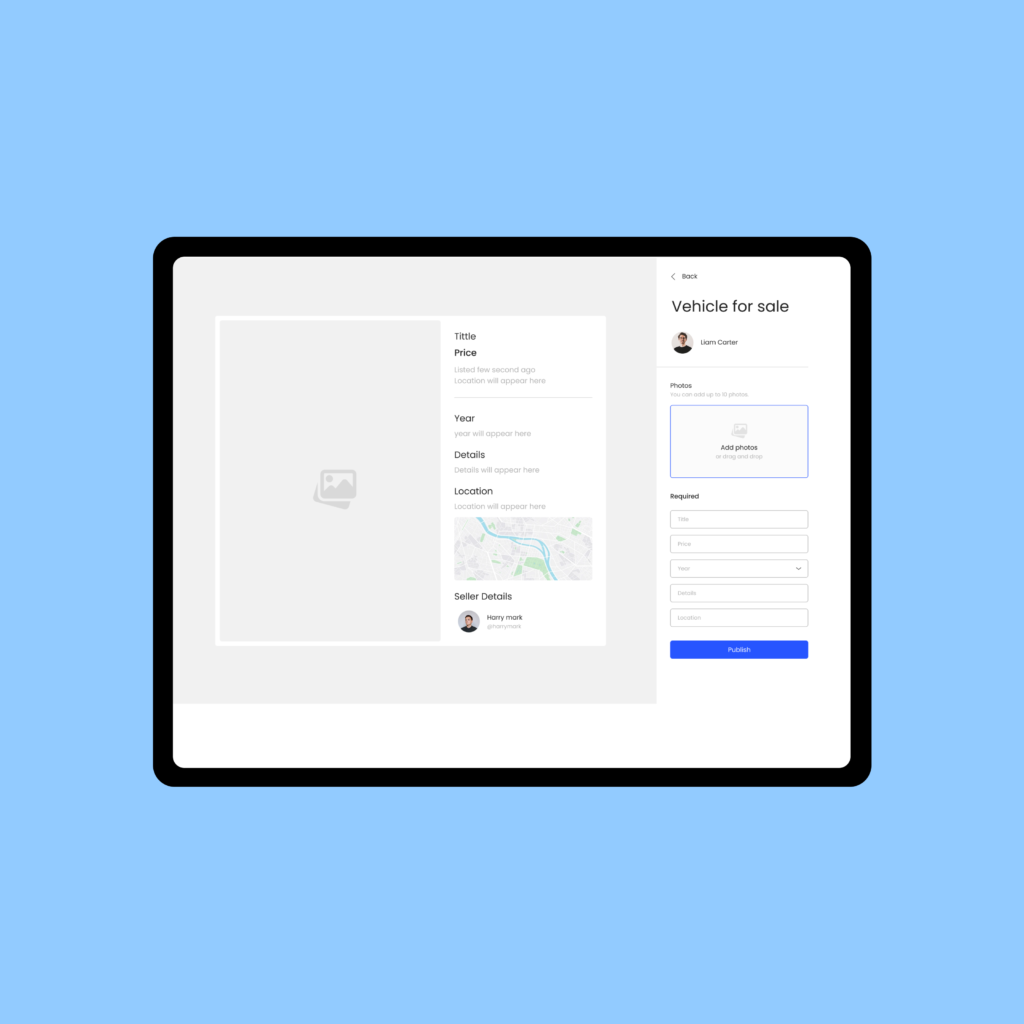 Vehicle marketplace web app screen for creating a car sale listing with image upload and location details