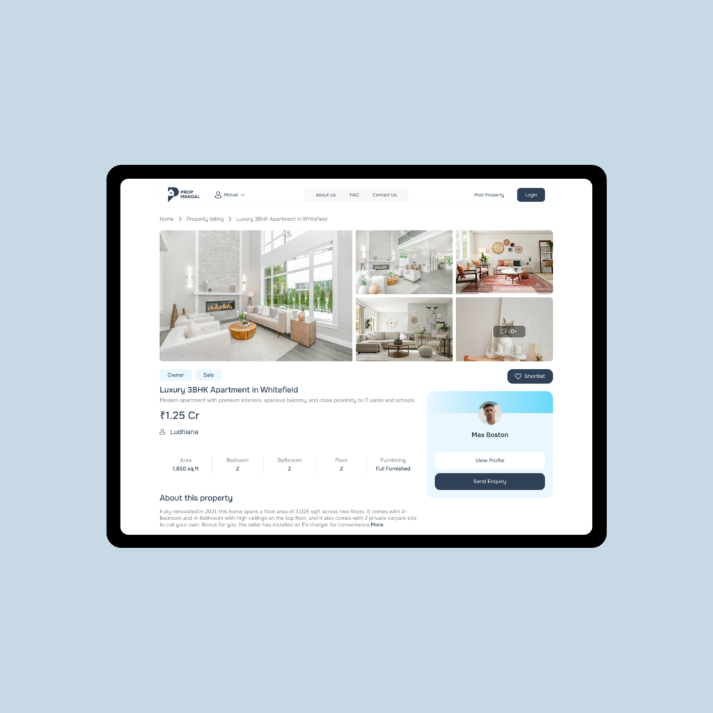 Real estate website property details page showing apartment gallery, pricing, and agent information