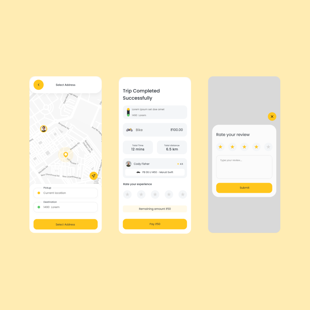 Ride booking app screens showing location selection, trip summary, and ride review form