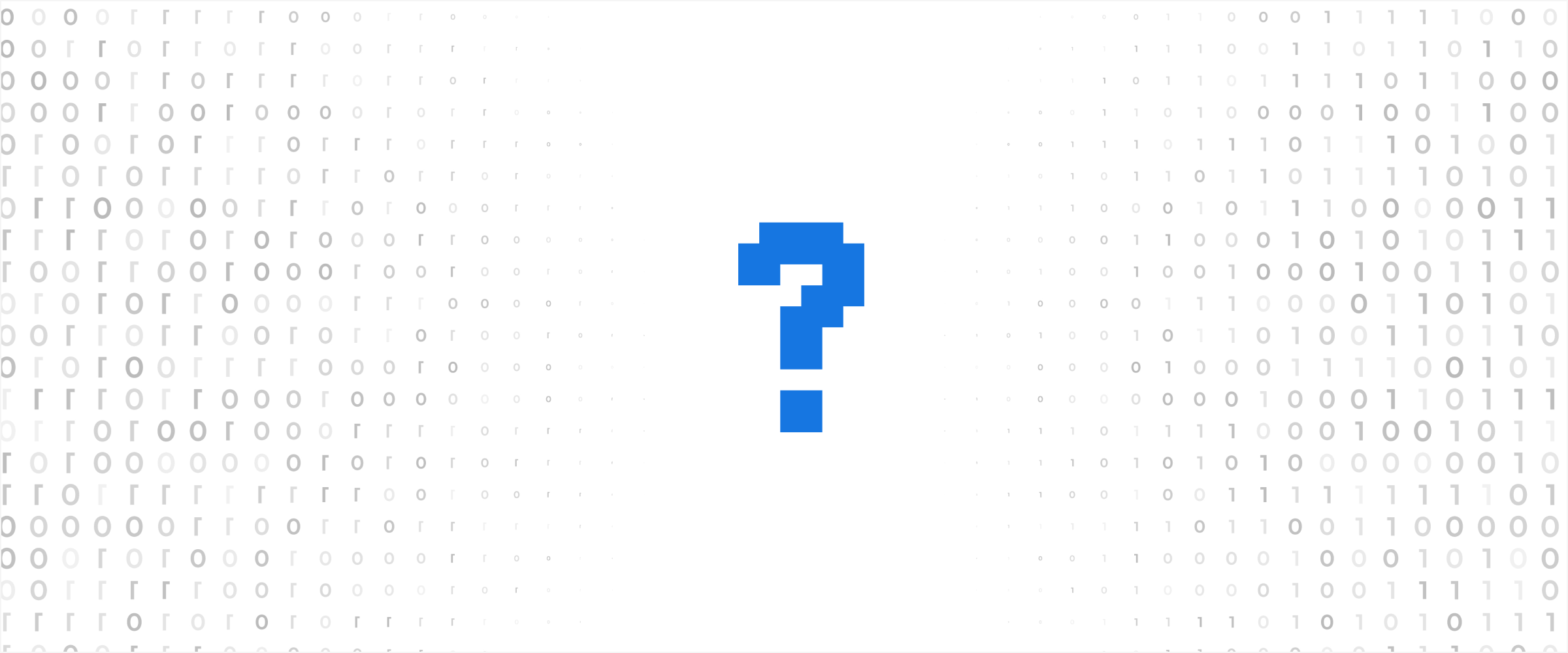 Blue question mark surrounded by binary code, representing the process of evaluating and selecting the right web development framework for a software project.