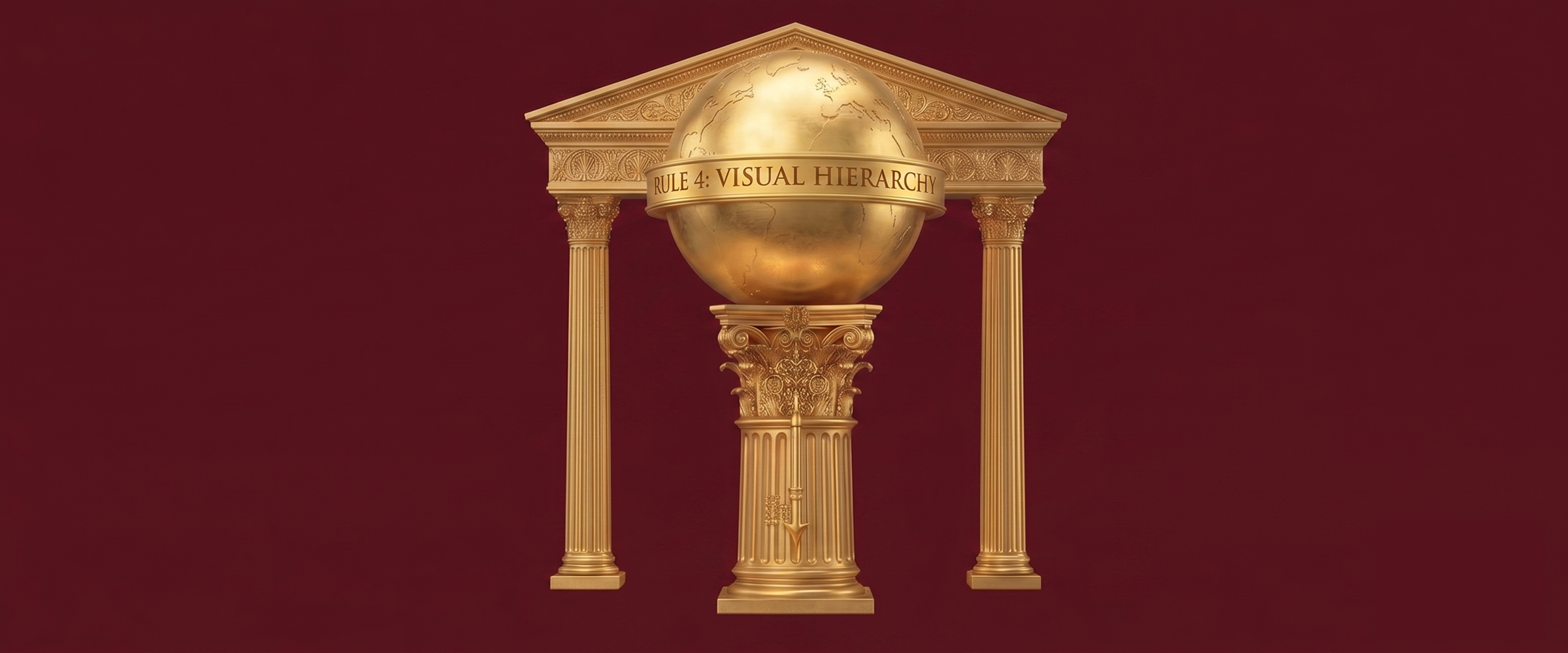 Golden architectural structure with a globe and the text "Rule 4: Visual Hierarchy," illustrating the importance of visual hierarchy in web design, user experience, and content organization.