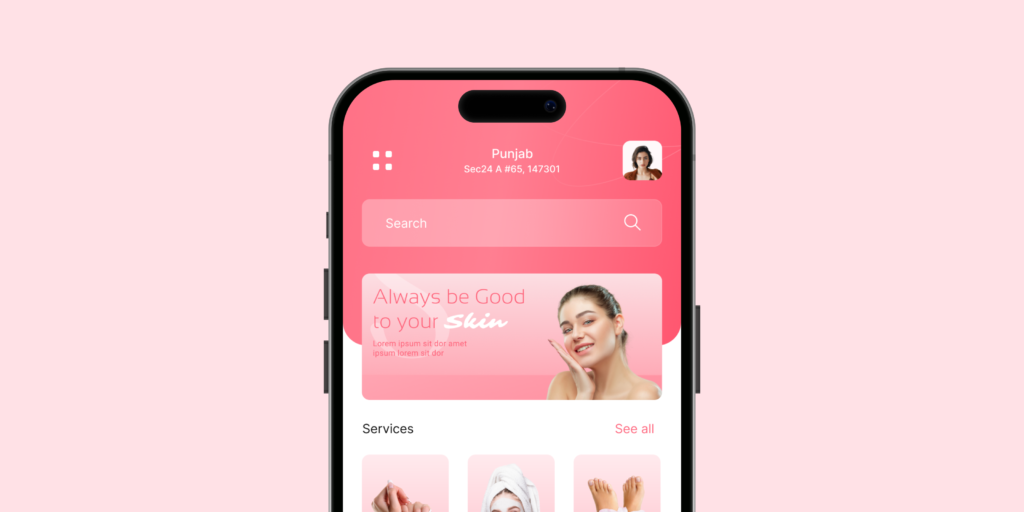 Beauty salon mobile app home screen showing skincare services and promotional banner