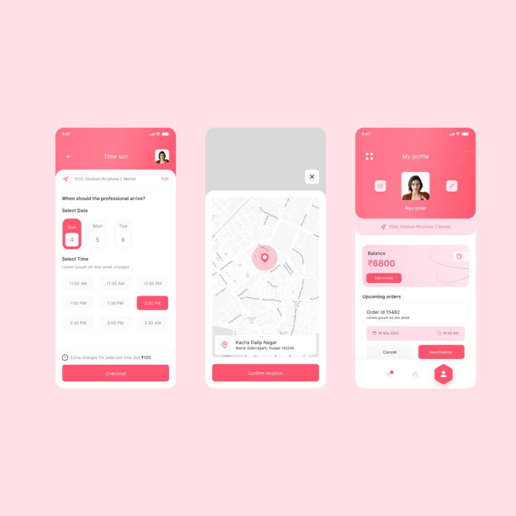 Beauty salon app screens showing appointment booking, salon location map, and user profile details
