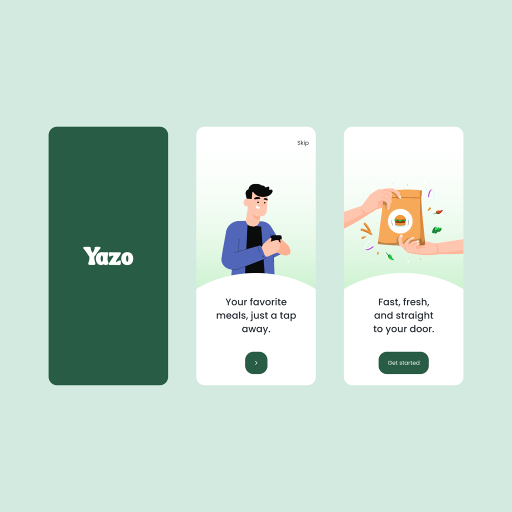 Food delivery app onboarding screens with welcome, meal browsing, and fast delivery illustrations