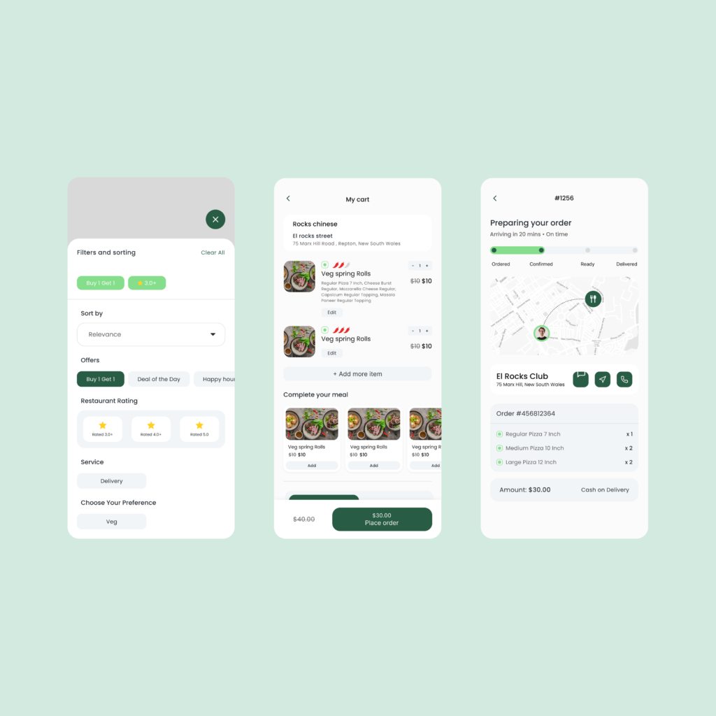 Food delivery app UI screens showing filters, cart summary, and delivery tracking