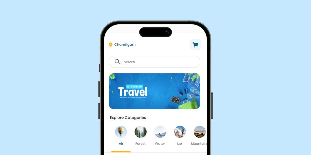Travel mobile app home screen showing destination categories and featured travel