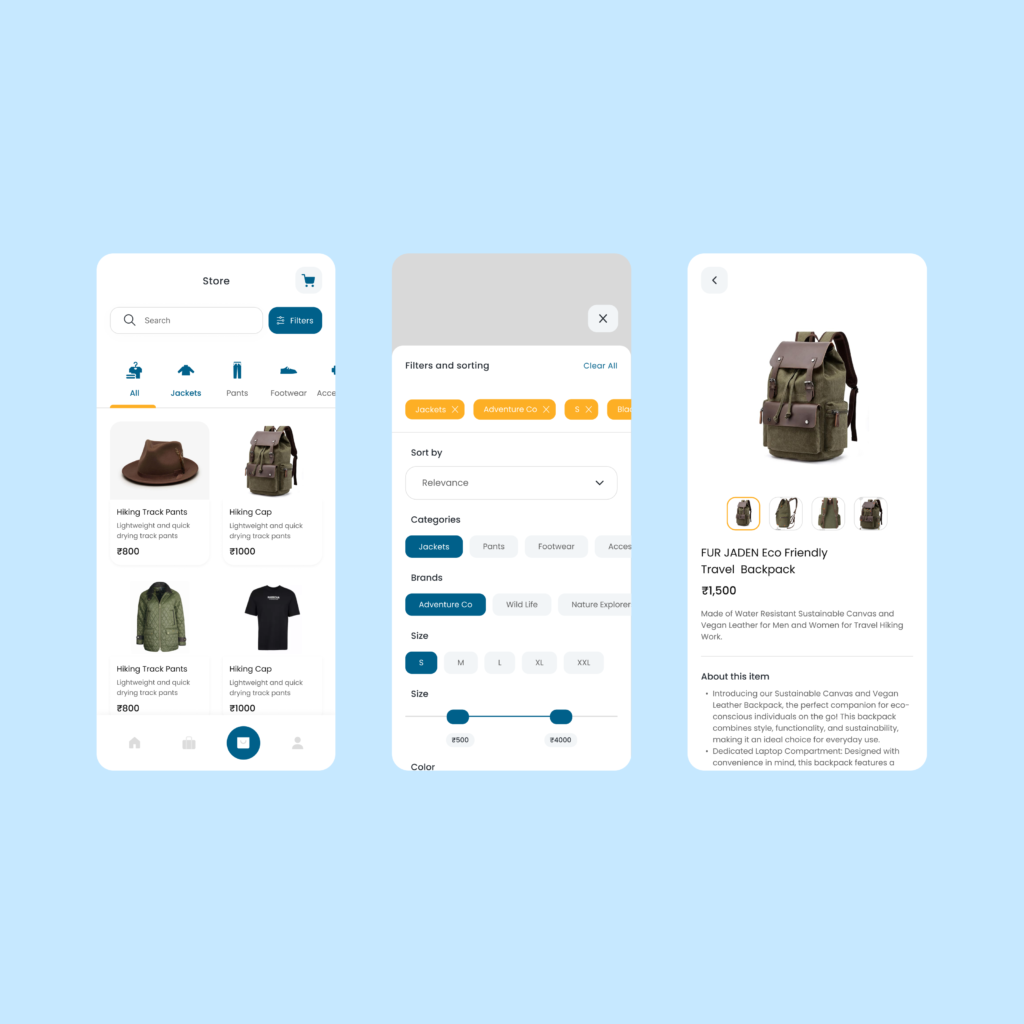 Shopping app screens showing product listing, filters, and backpack product details