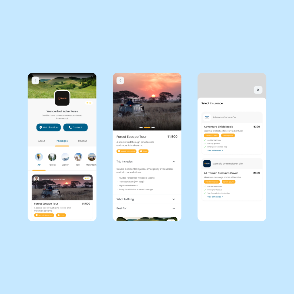 Travel booking app screens showing destination details, safari package, and booking summary