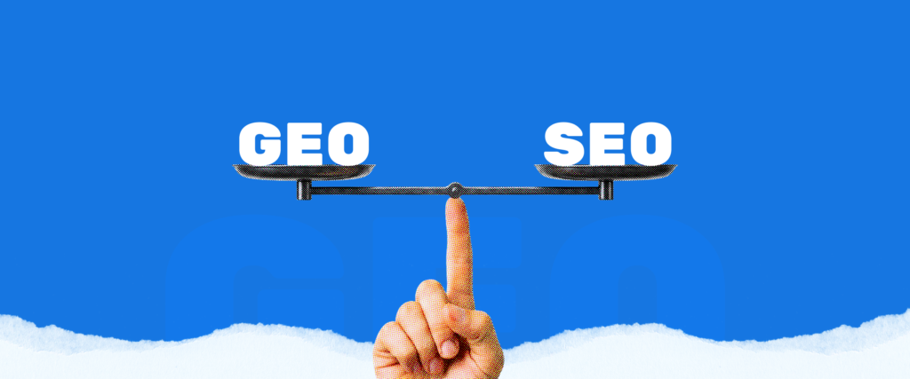 Balance scale comparing GEO and SEO, illustrating the relationship between Generative Engine Optimization (GEO) and traditional Search Engine Optimization (SEO) in 2026.