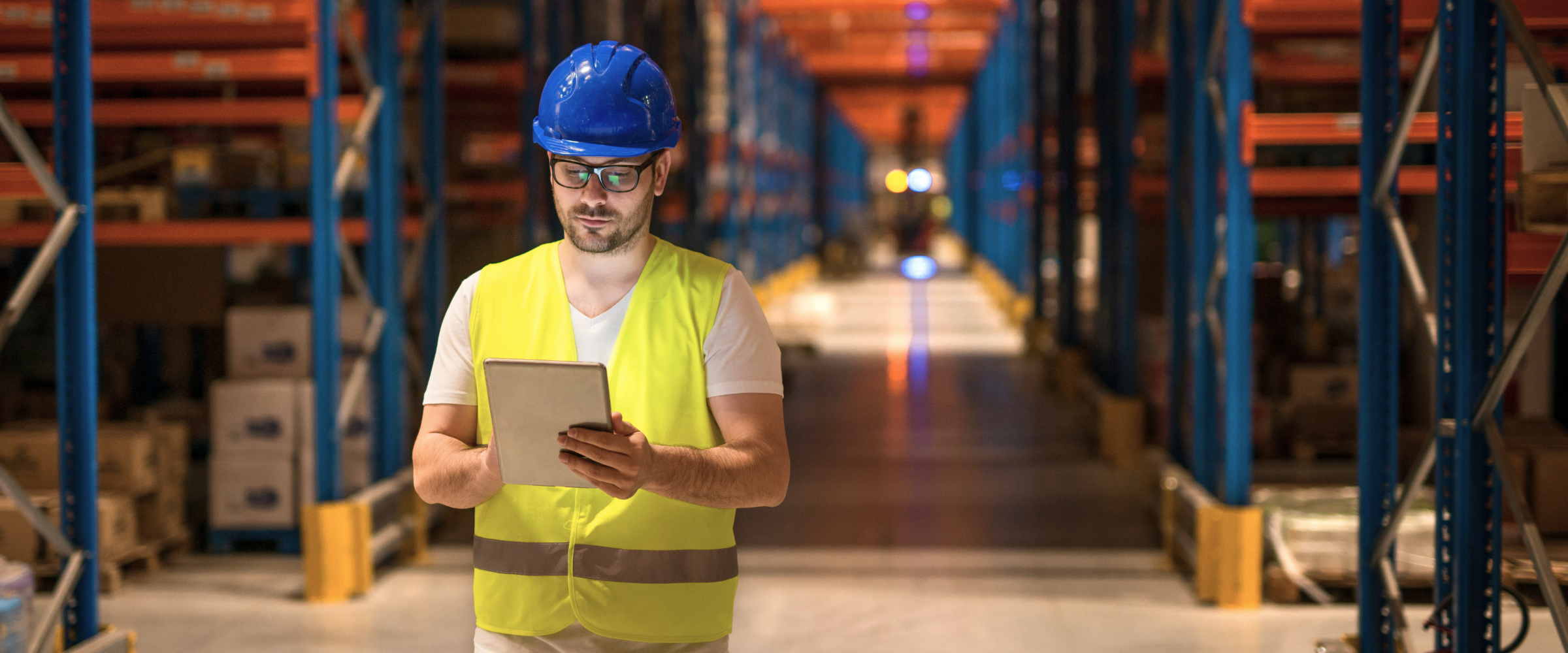 Warehouse manager using a tablet to monitor logistics and supply chain software operations