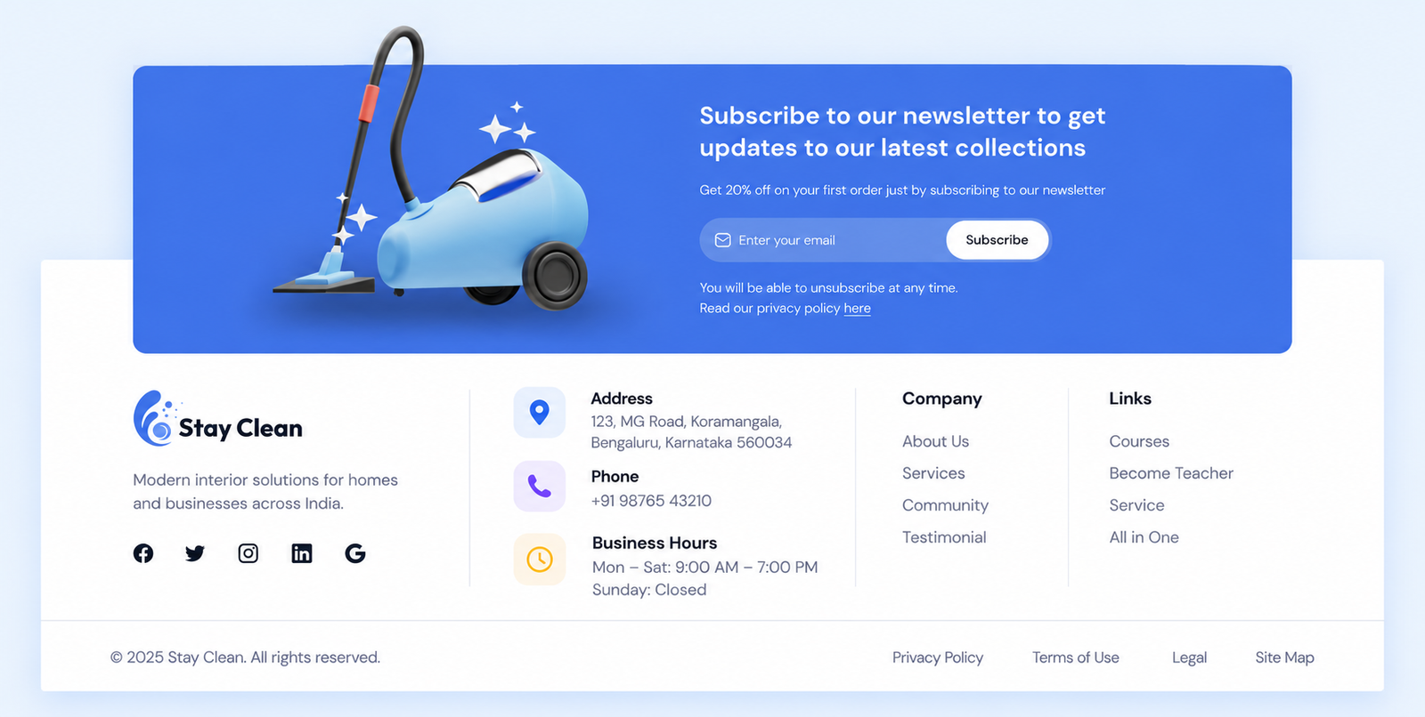 Website footer showing business name, full address with PIN code, phone and hours