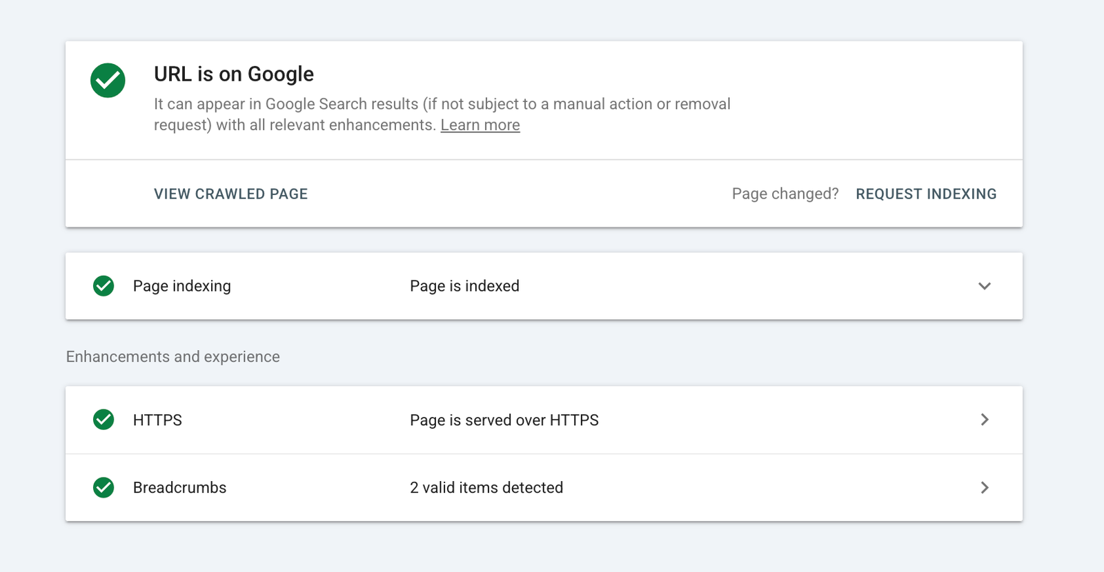 Google Search Console URL Inspection showing a page is indexed
